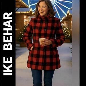 Ike Behar Buffalo Plaid Pea Coat Style Size XL Double Breasted Belt Included